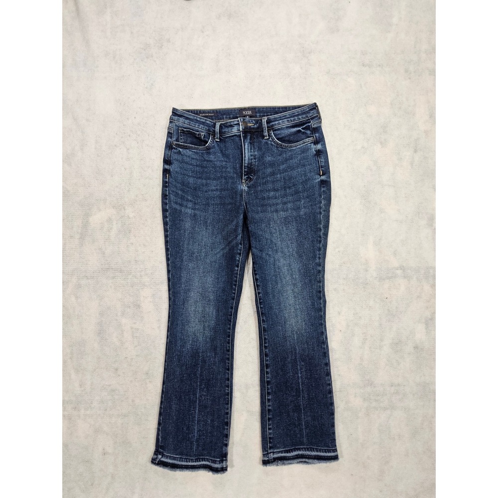 NYDJ Billie Mini Boot Jeans 8 Bootcut Stretch Dark Blue High Rise Raw Hems Crop